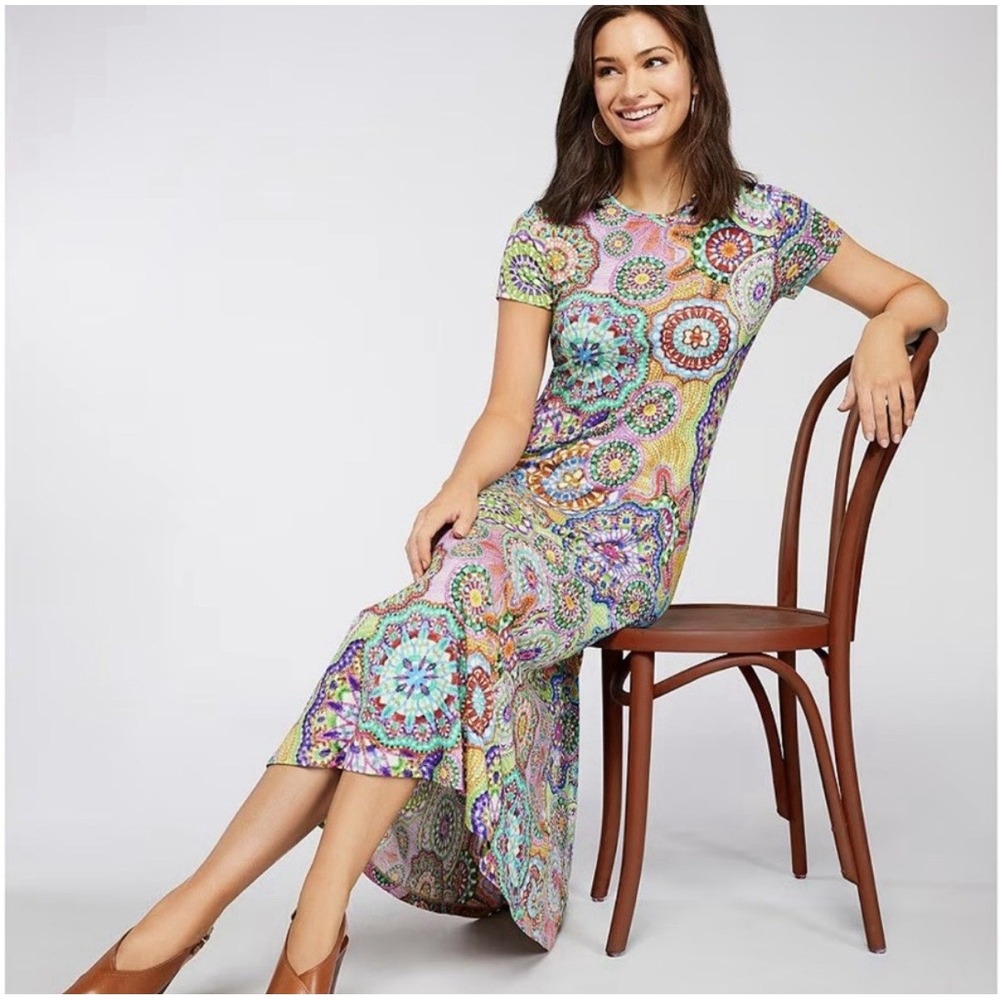Johnny Was Dress Janie Bamboo Knit Napperon Print Dress Sheath Midi Dress XL